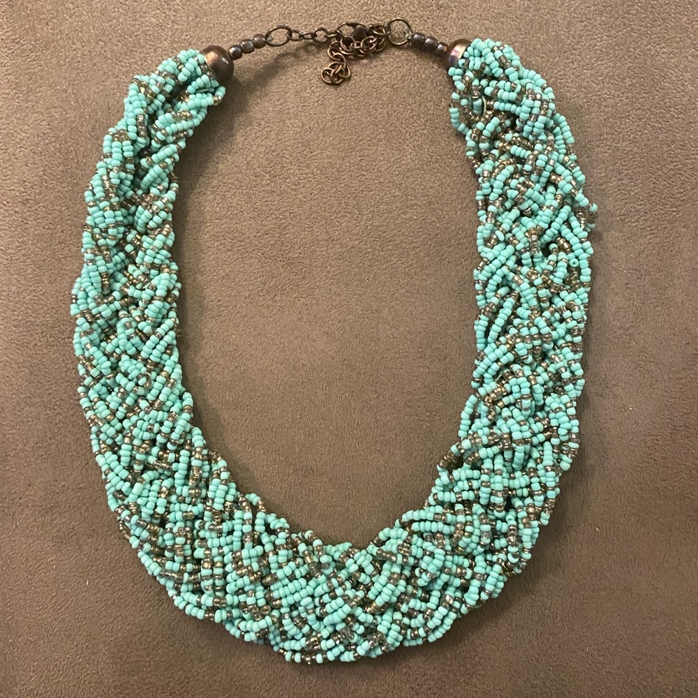 Seafoam Aqua Green Gold Beaded Woven Braided Necklace